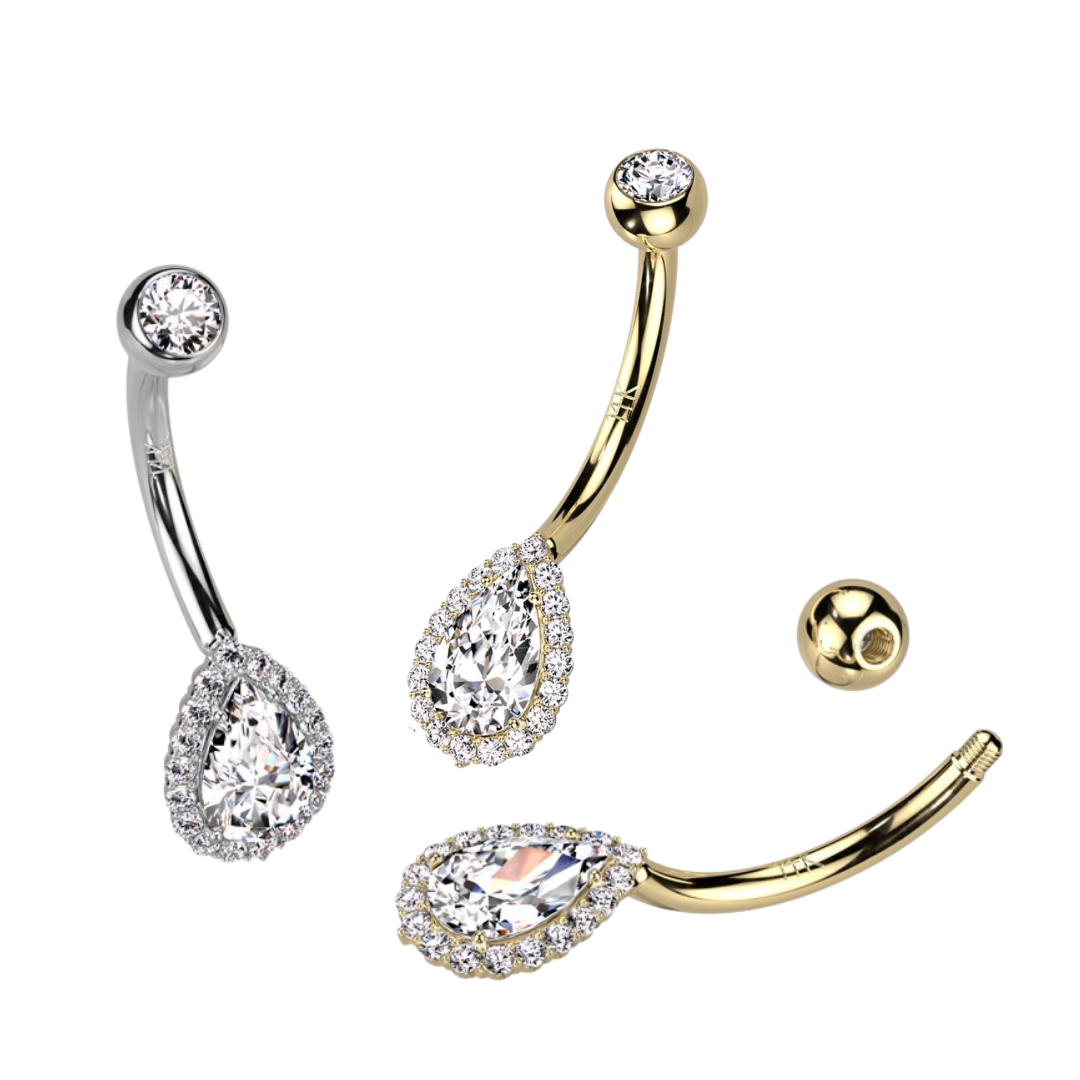 14K GOLD BEZELED WITH STUDDED TEARDROP BELLY BARBELL