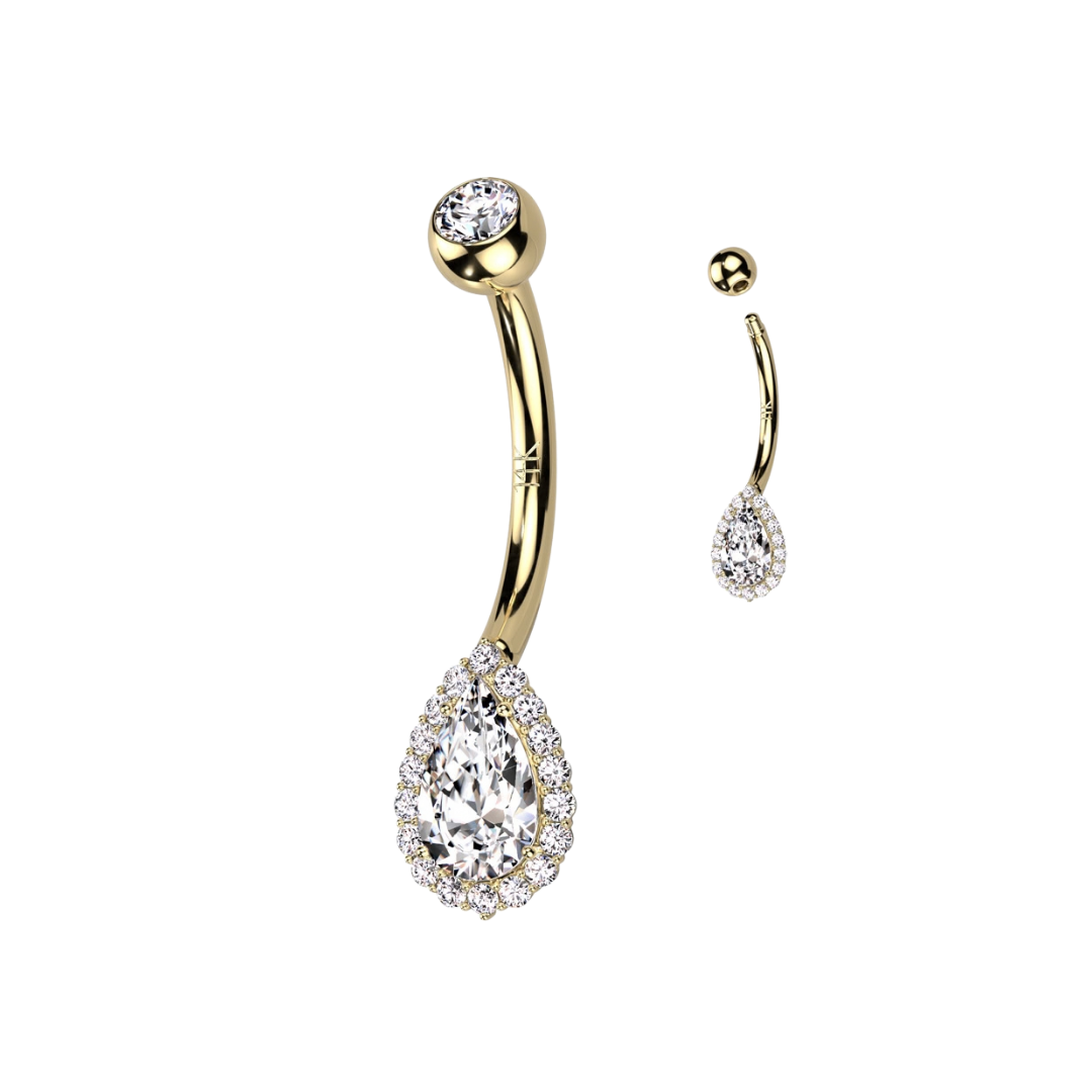 14K GOLD BEZELED WITH STUDDED TEARDROP BELLY BARBELL