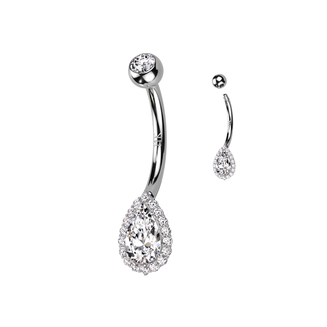 14K GOLD BEZELED WITH STUDDED TEARDROP BELLY BARBELL