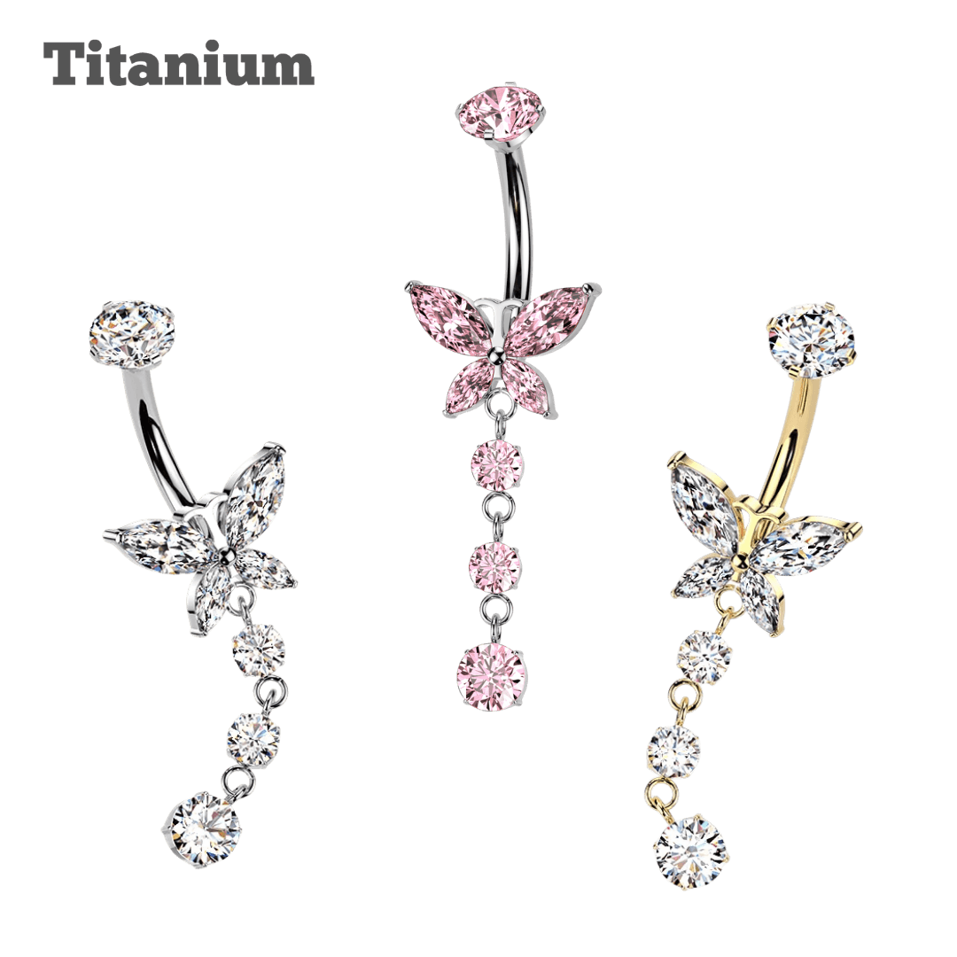 Titanium Butterfly with Pronged Chain Threaded Belly Barbell