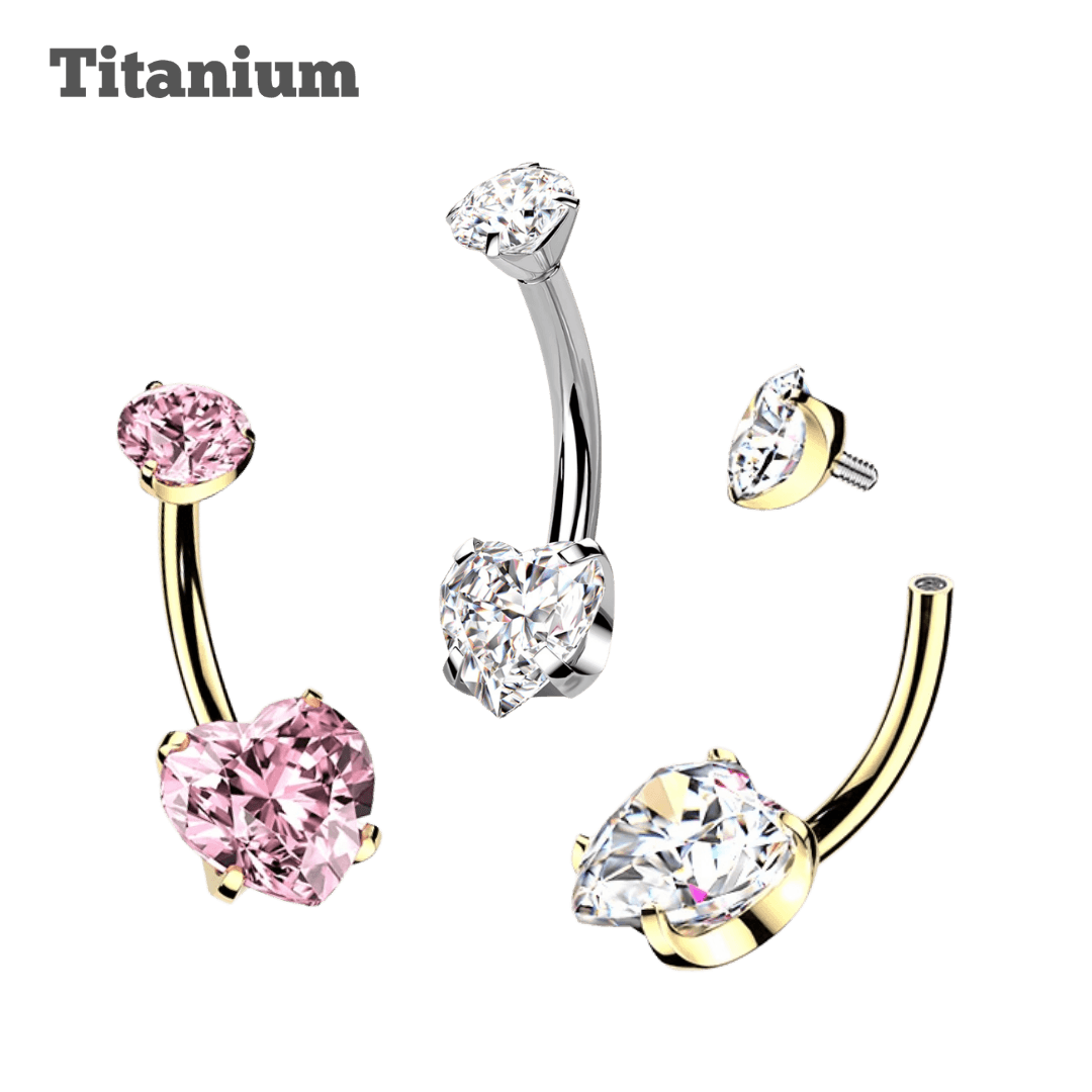 Titanium Pronged Heart Gem Belly Barbell
