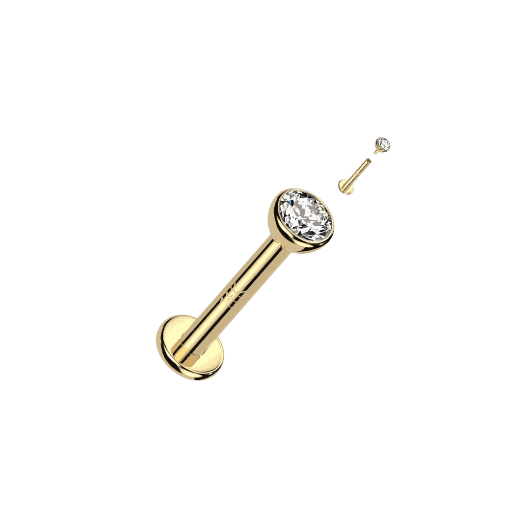 14k yellow gold bezeled gem threaded labret lip and ear piercing jewelry