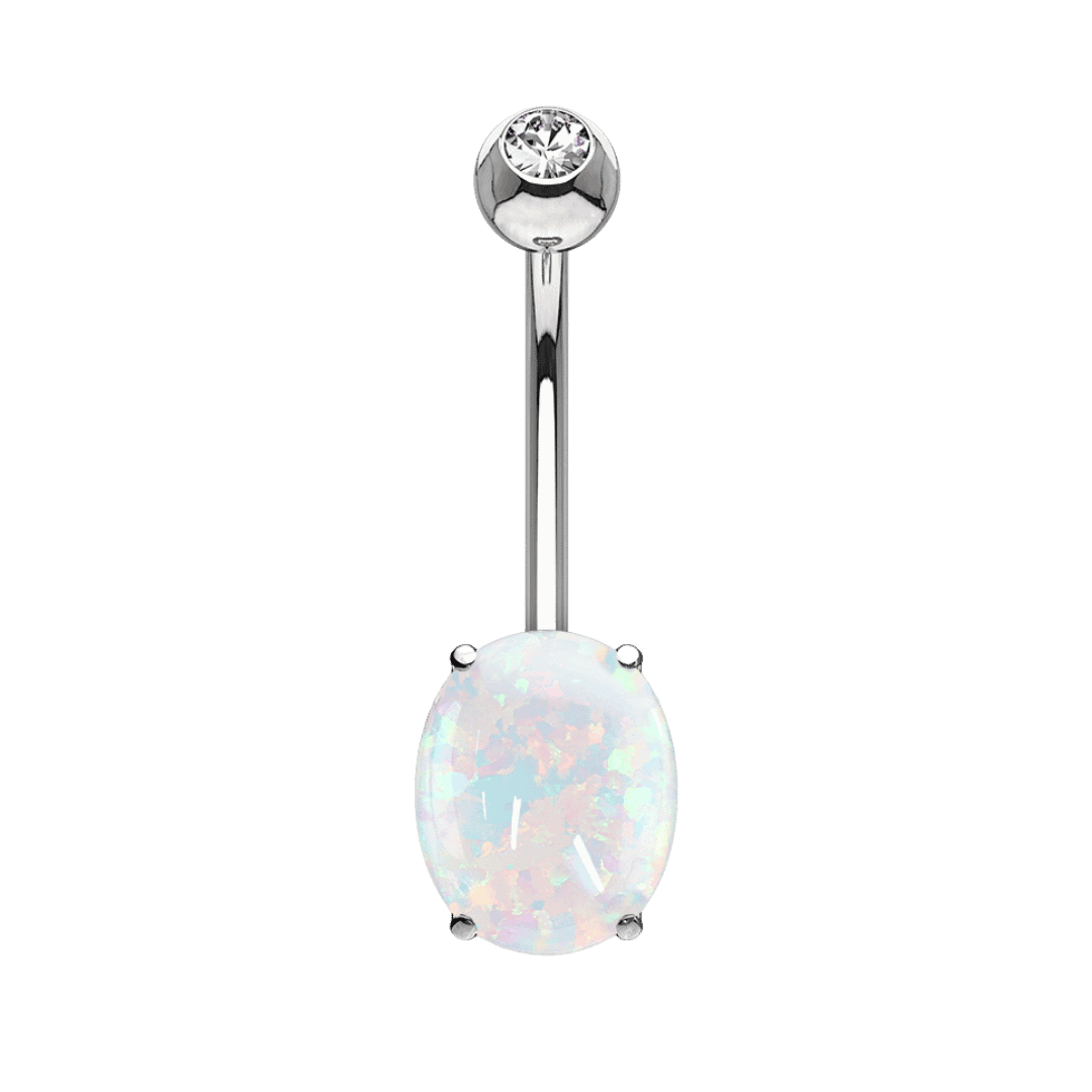 14k white gold oval opal belly piercing body jewelry