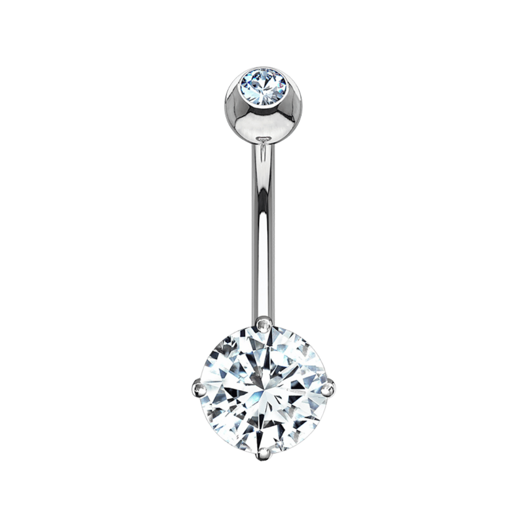 14k white gold round cz ends belly barbell