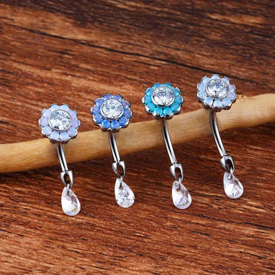 Titanium Daisy Top with Dangling Gem Threaded Curved Barbell