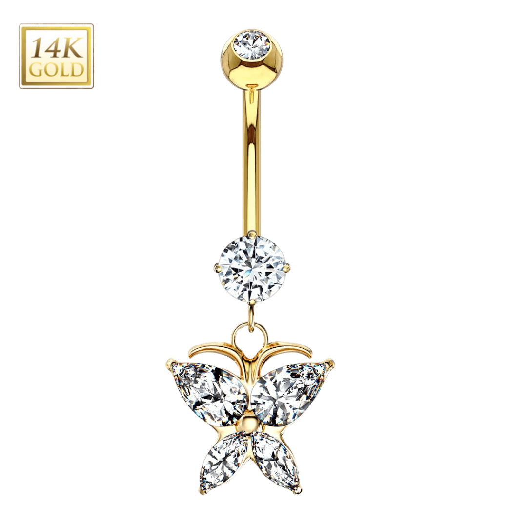 gold color dangling butterfly belly barbell 14k
