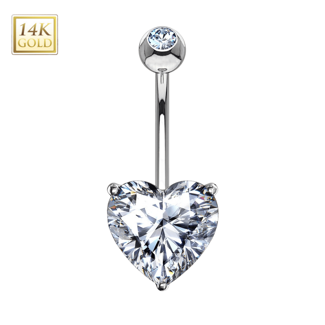 white gold clear stone heart gem belly barbell 14k