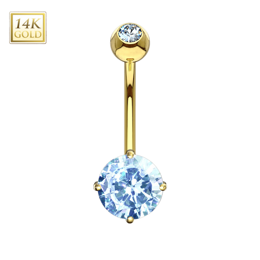 gold color blue gem round cz ended belly button jewelry