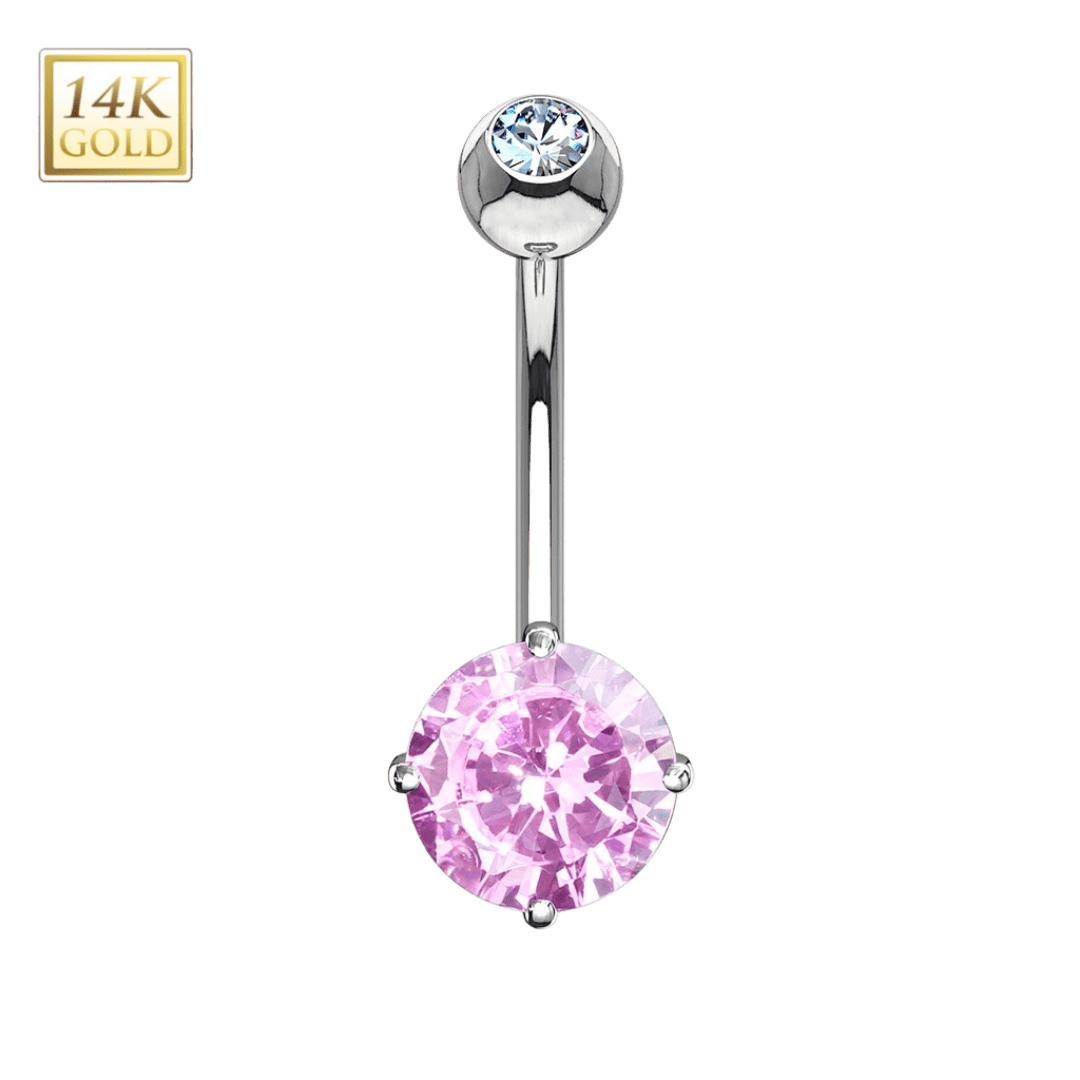 white gold pink round cz gem ended belly barbell