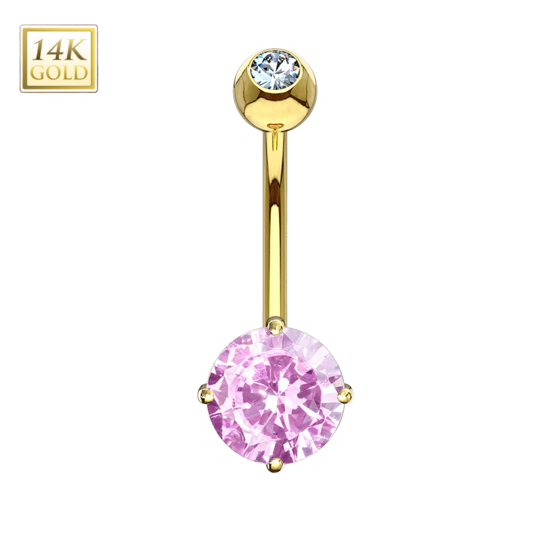 gold color pink round gem cz ended belly barbell piercing jewelry