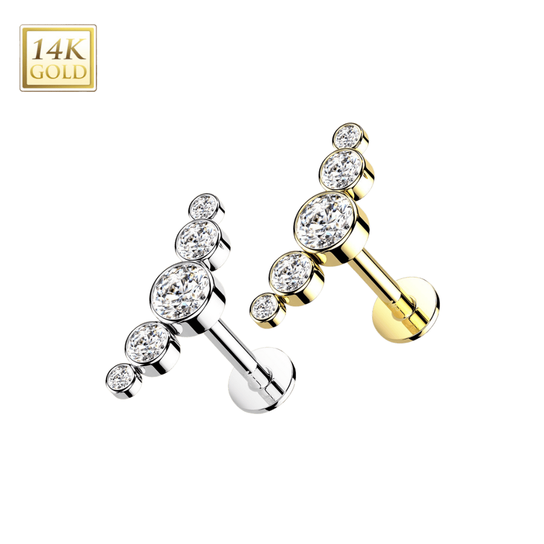 14k gold round gem cluster threadless labret earrings