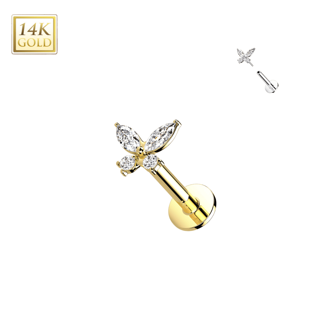 14k gold color butterfly gem threadless labret