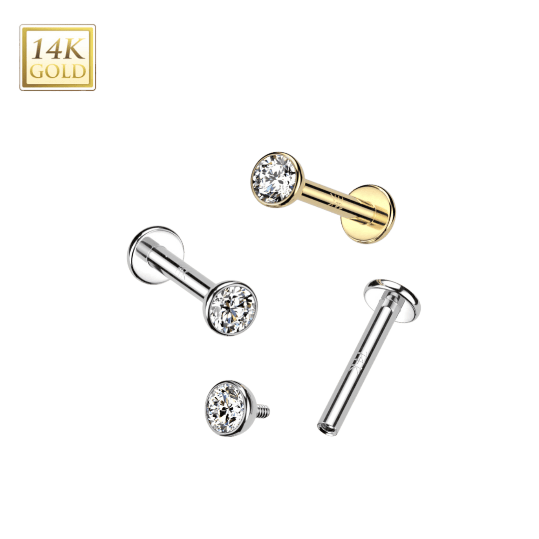 14k Gold Bezeled Gem Threaded Labret