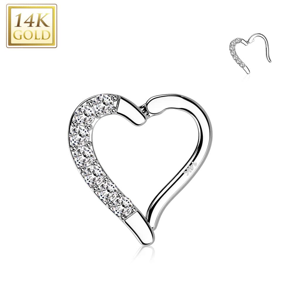 14k white gold paved heart hoop earring