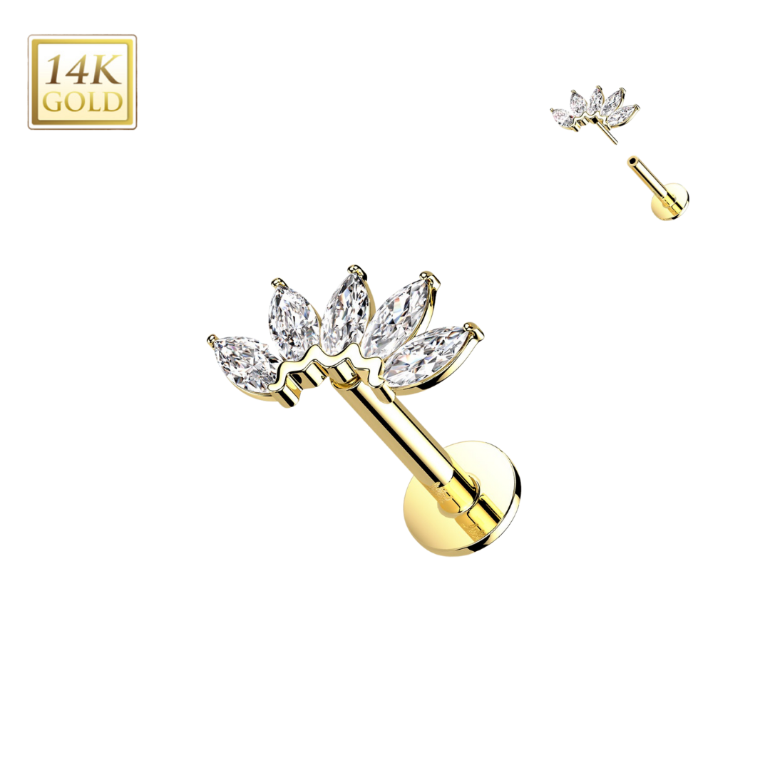 14k marquis gem cluster threadless labret gold earring