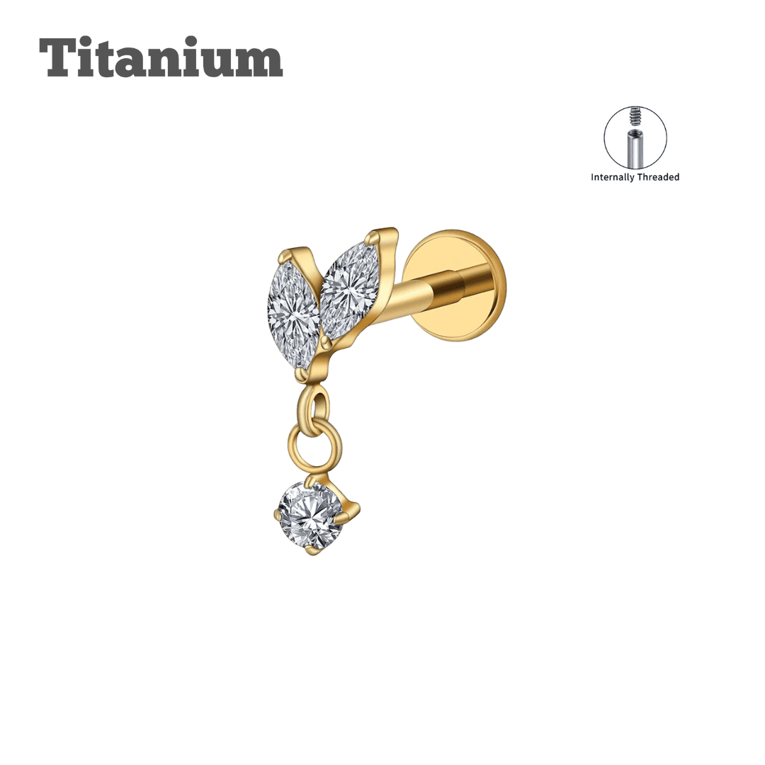 gold color 2 petals with dangling gem titanium threaded labret lobe piercing earring