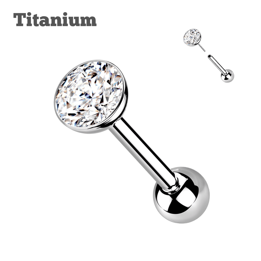 bezeled gem titanium threadless barbell for ear piercing jewelry steel color
