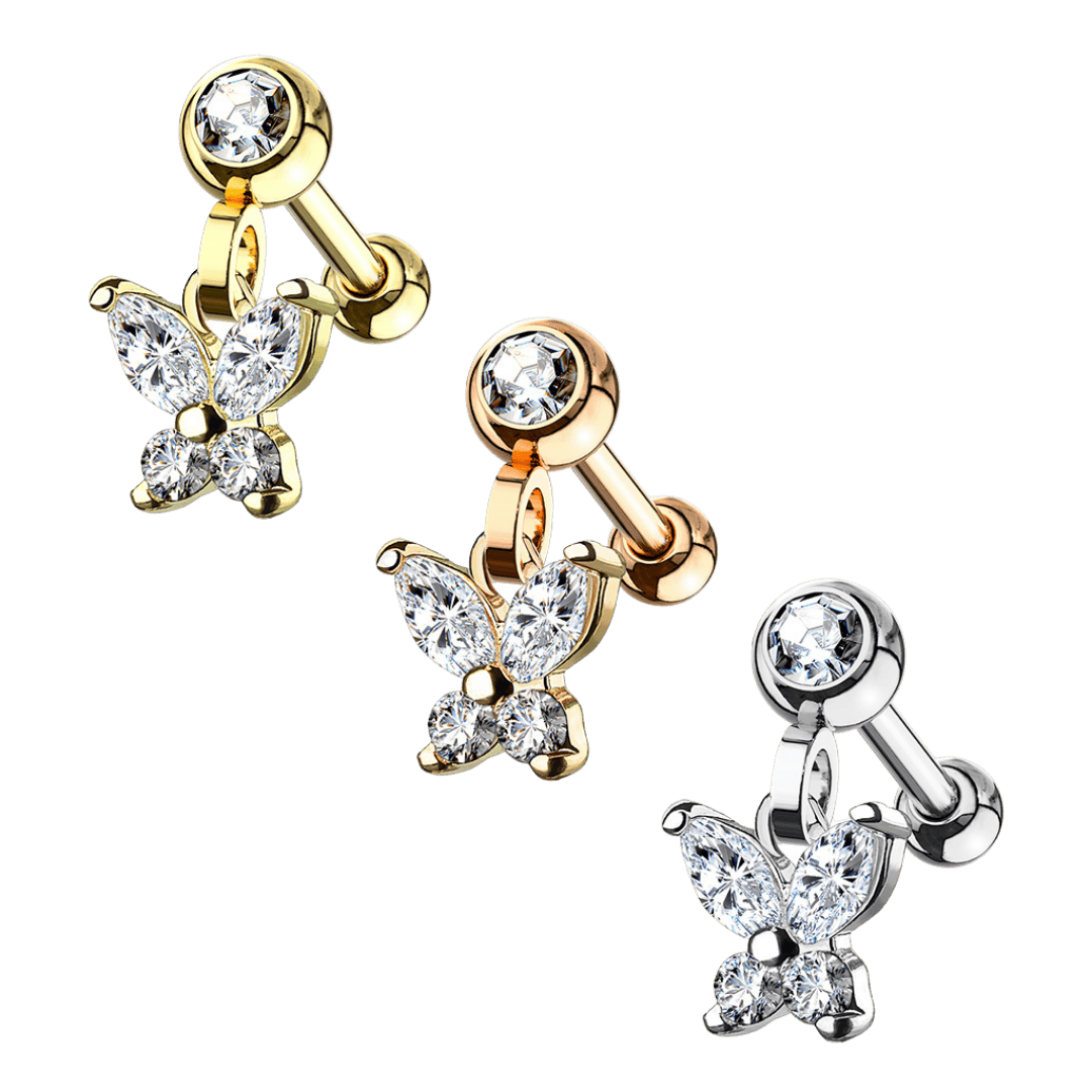 dangling butterfly stainless steel barbell for ear piercing jewelry