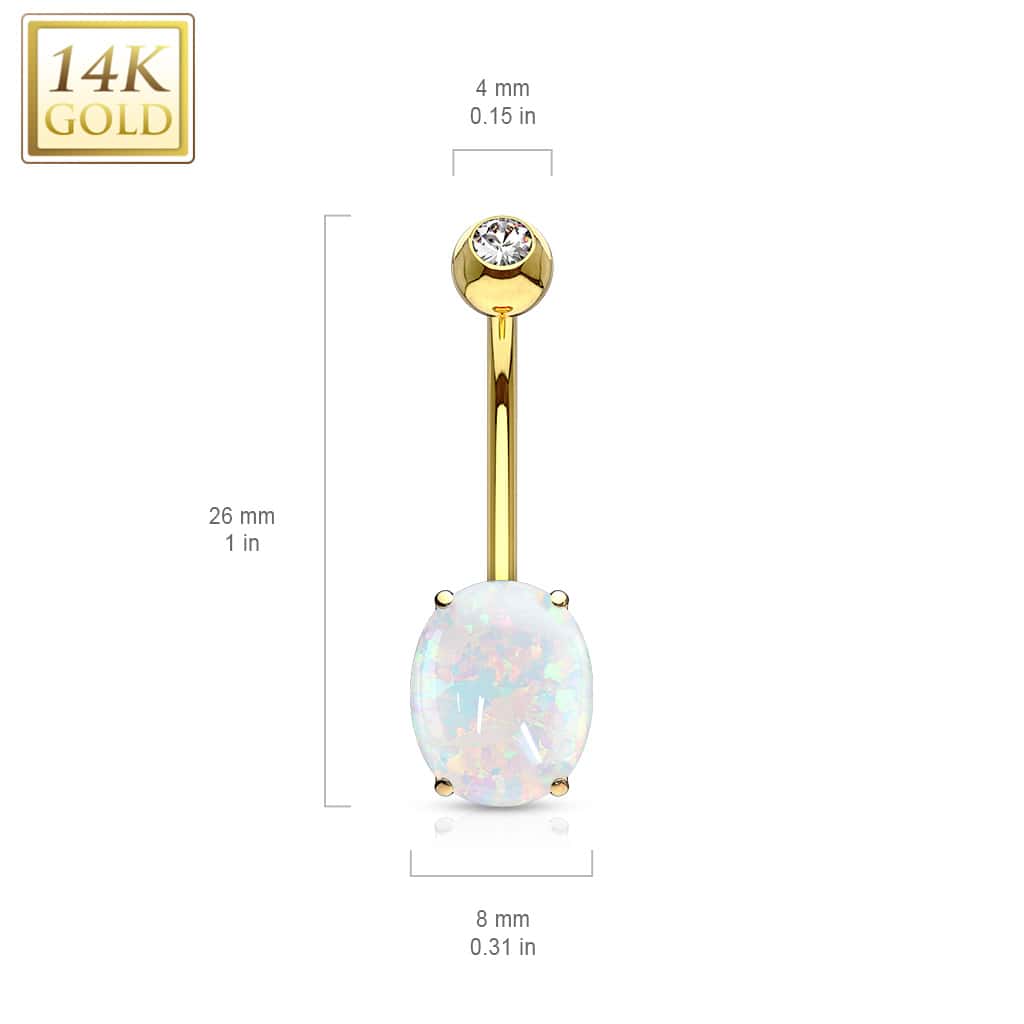 14k gold oval opal belly barbell size