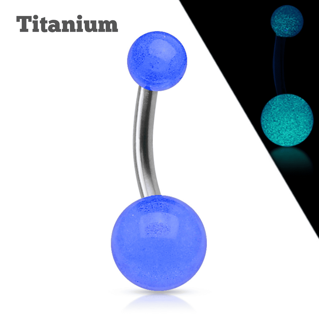 blue ball ends glow in the dark titanium belly barbell