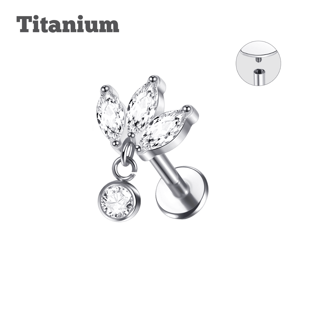 steel color lotus with dangling gem titanium earring
