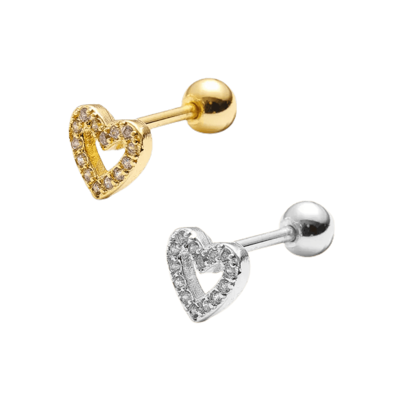paved heart barbell type earring gold and steel color