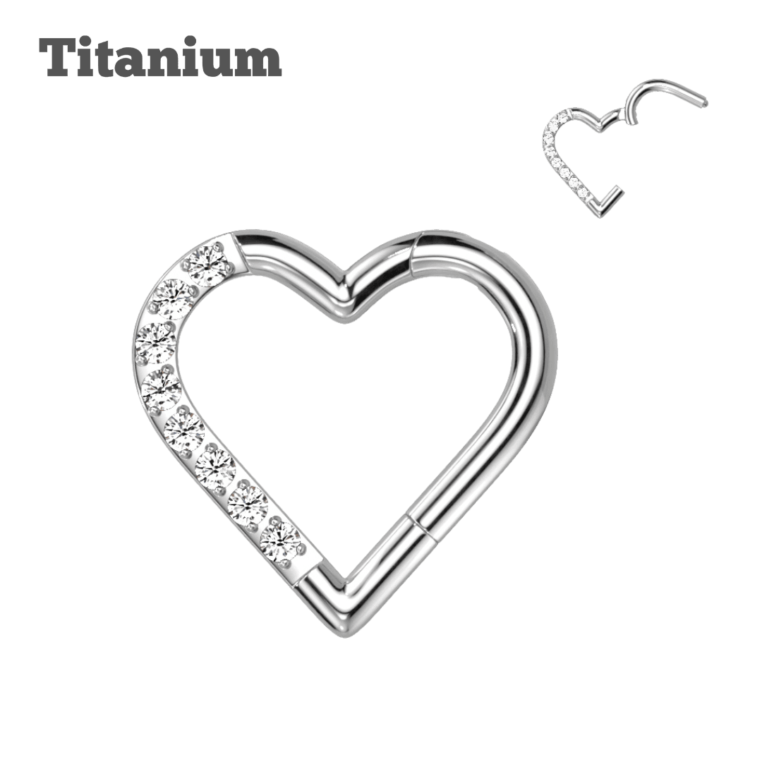 steel color paved heart titanium hoops earring