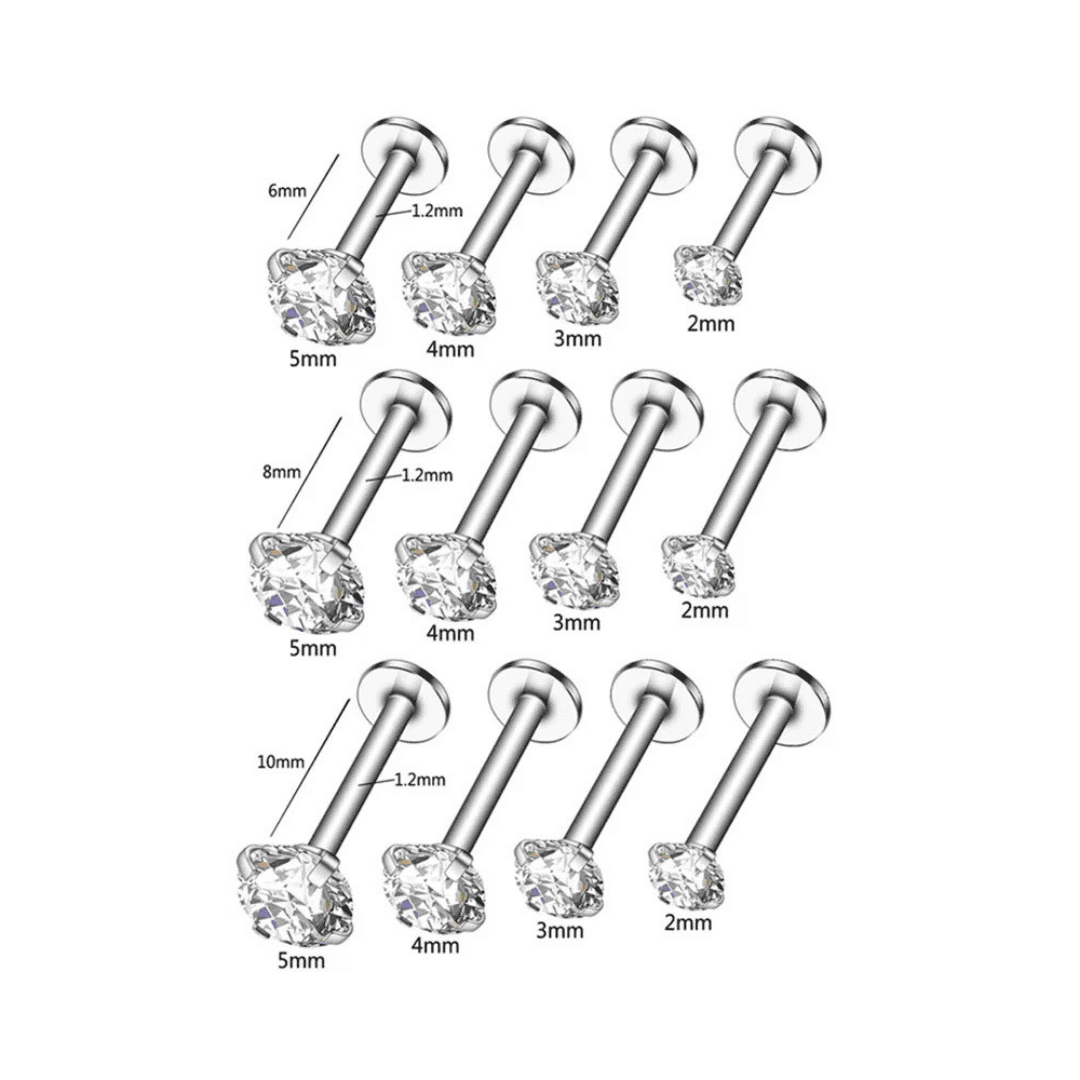 pronged crystal labret earring sizes