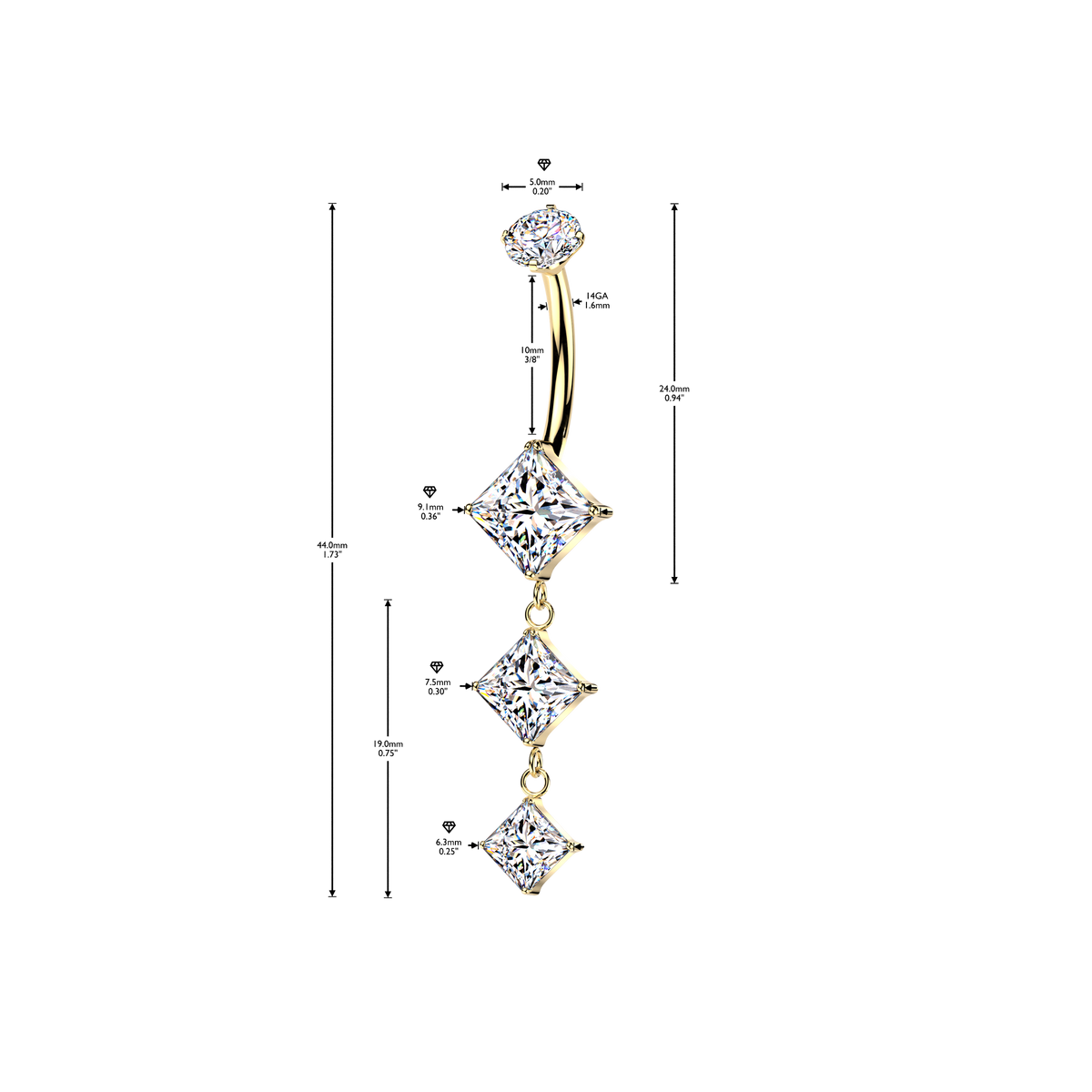 Titanium Dangling Trio Square Belly Barbell