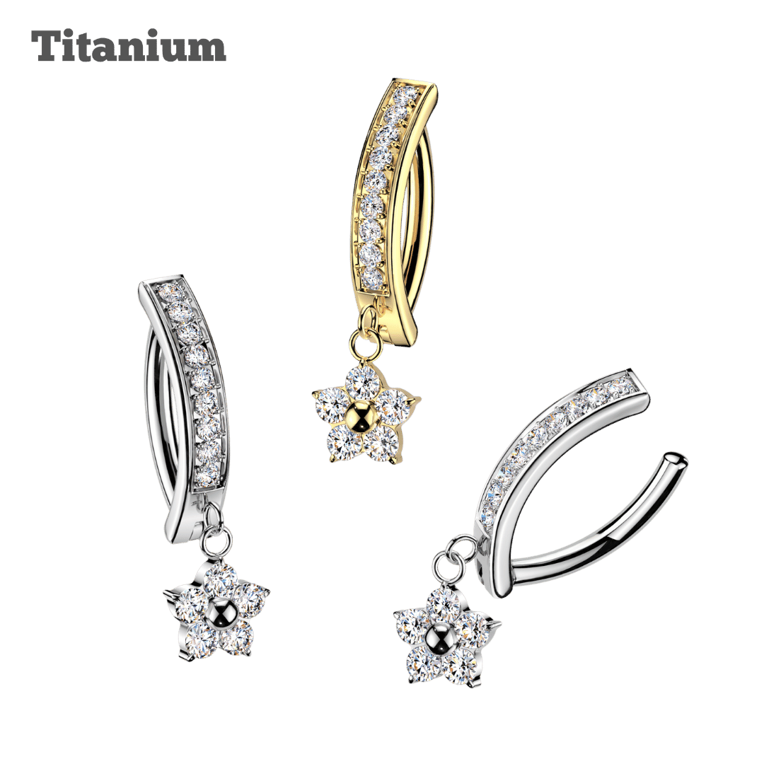 Titanium Studded Belly Clicker with Dangling Flower
