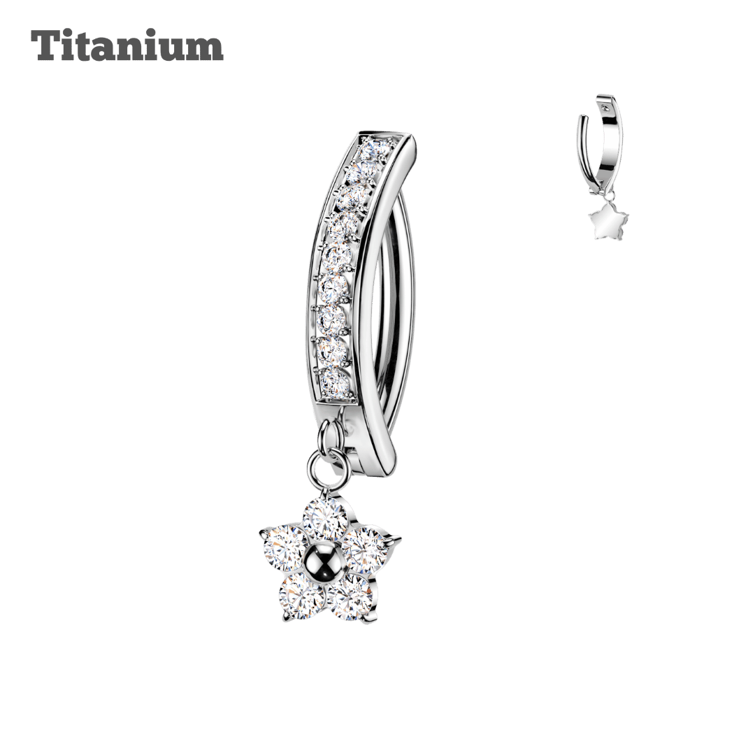Titanium Studded Belly Clicker with Dangling Flower