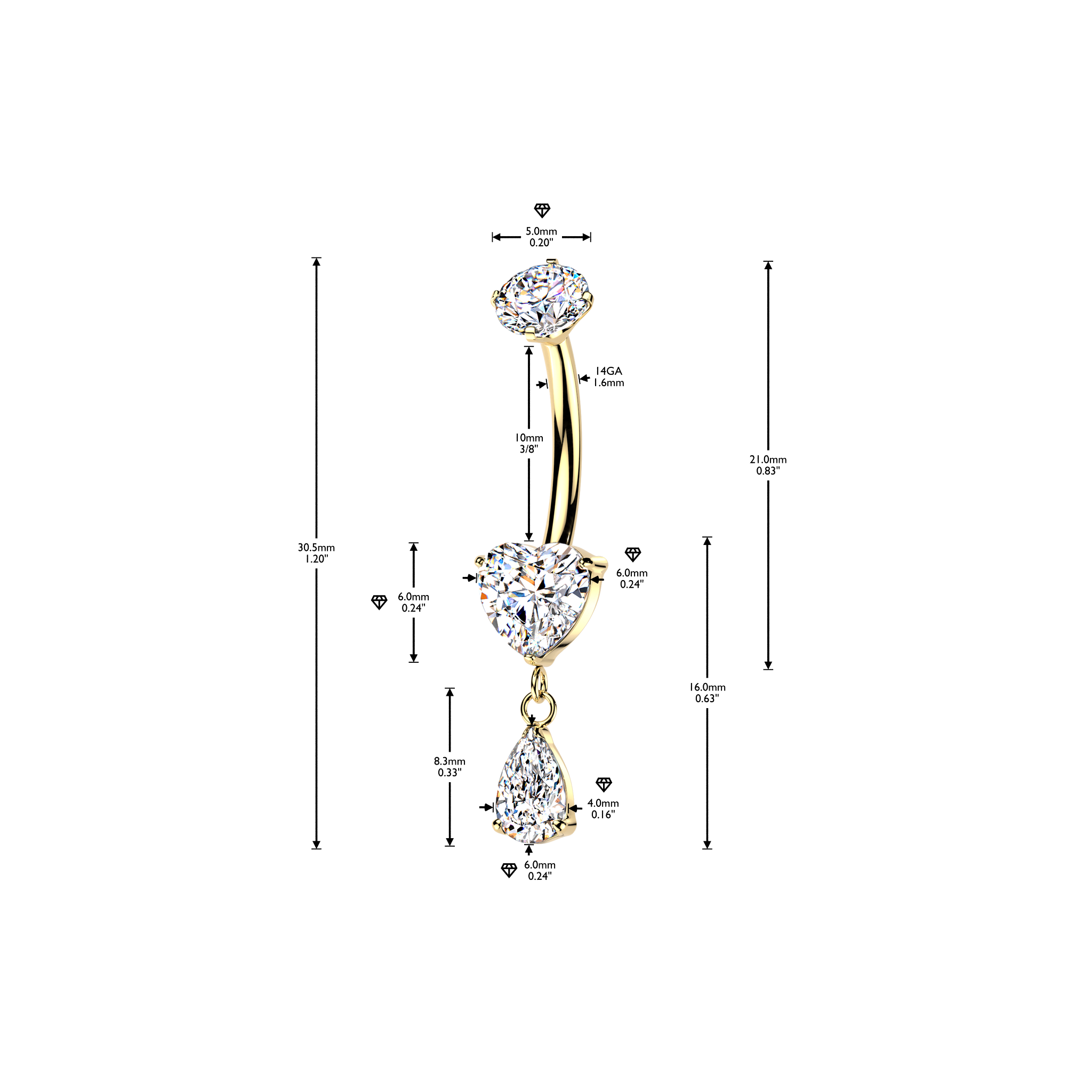 Titanium Heart with Dangling Teardrop Belly Barbell