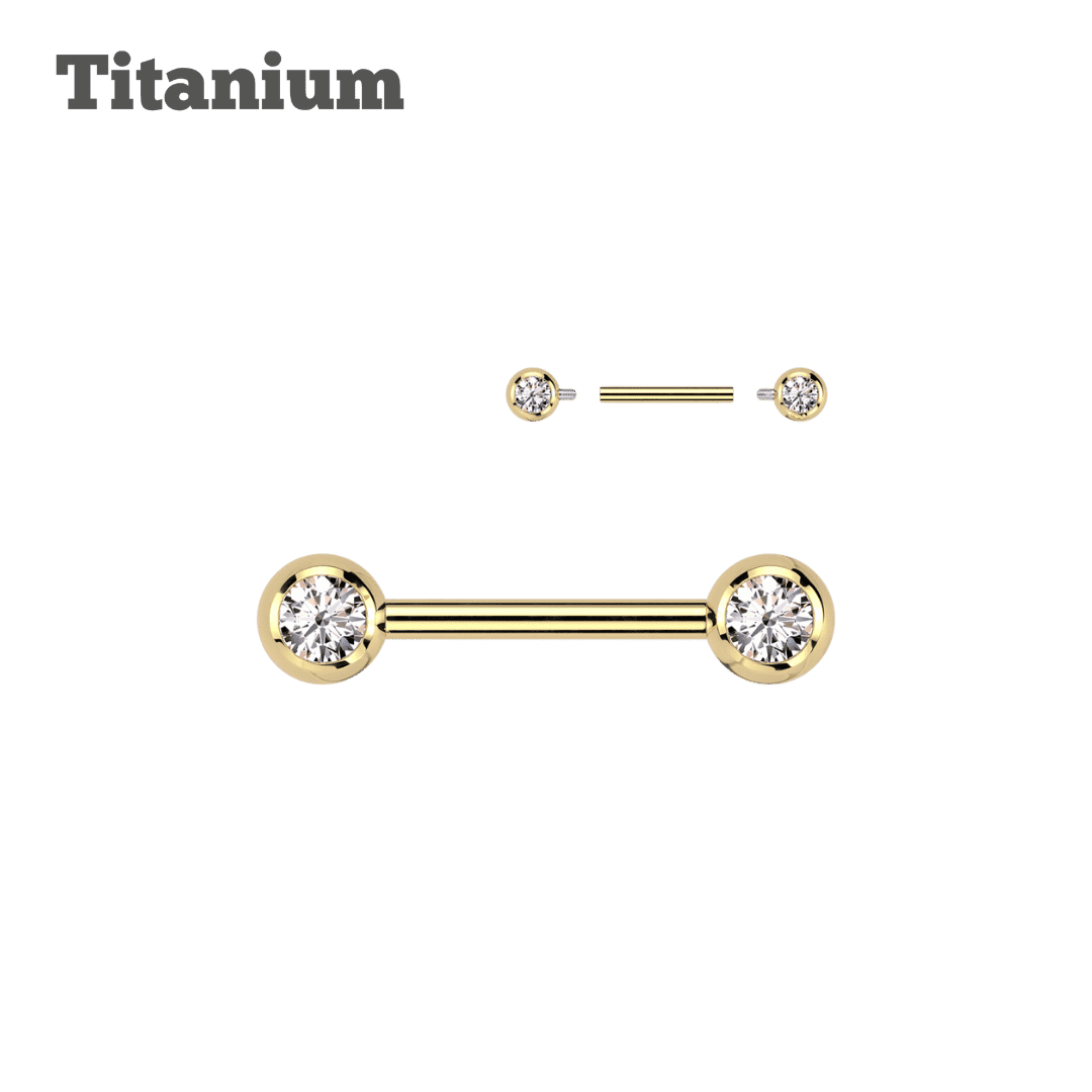 gold color threaded titanium straight barbell nipple and tongue piercing