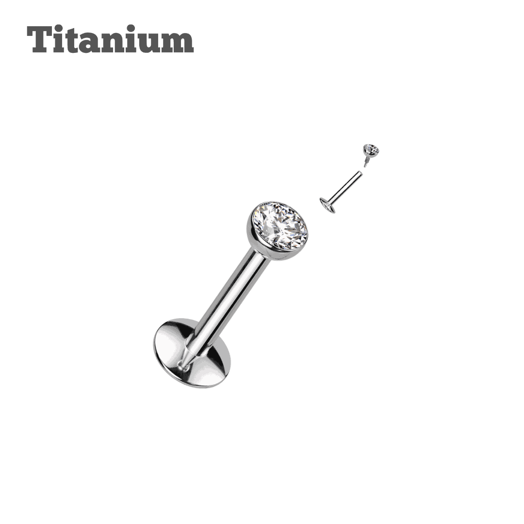 titanium bezeled round gem steel color threaded labret