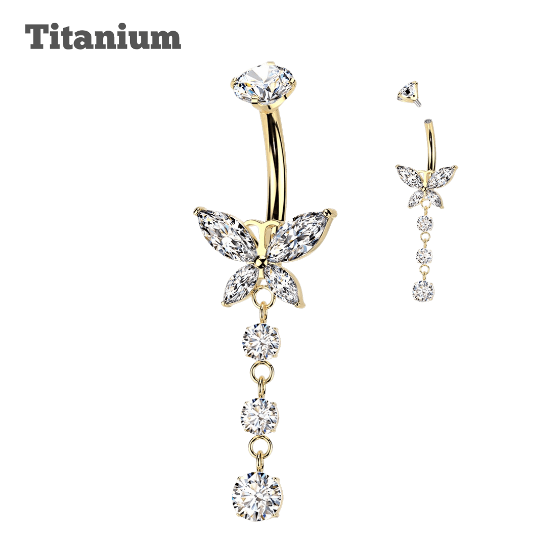 Titanium Butterfly with Pronged Chain Threaded Belly Barbell