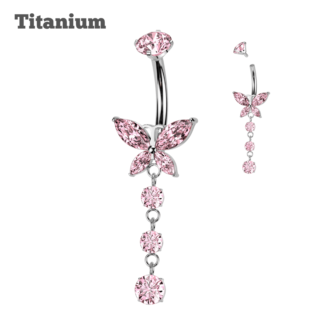 Titanium Butterfly with Pronged Chain Threaded Belly Barbell