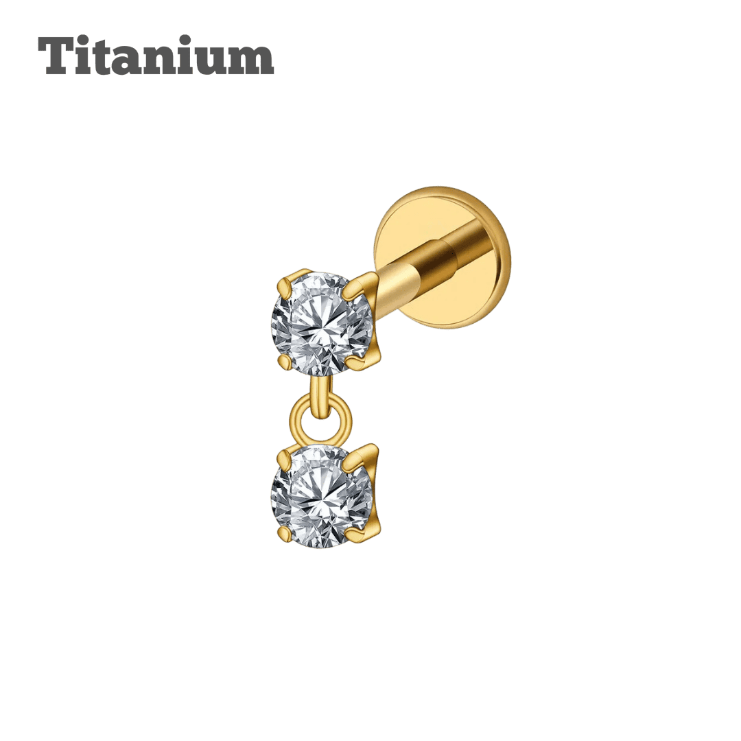 gold color earring titanium dangling double gem labret