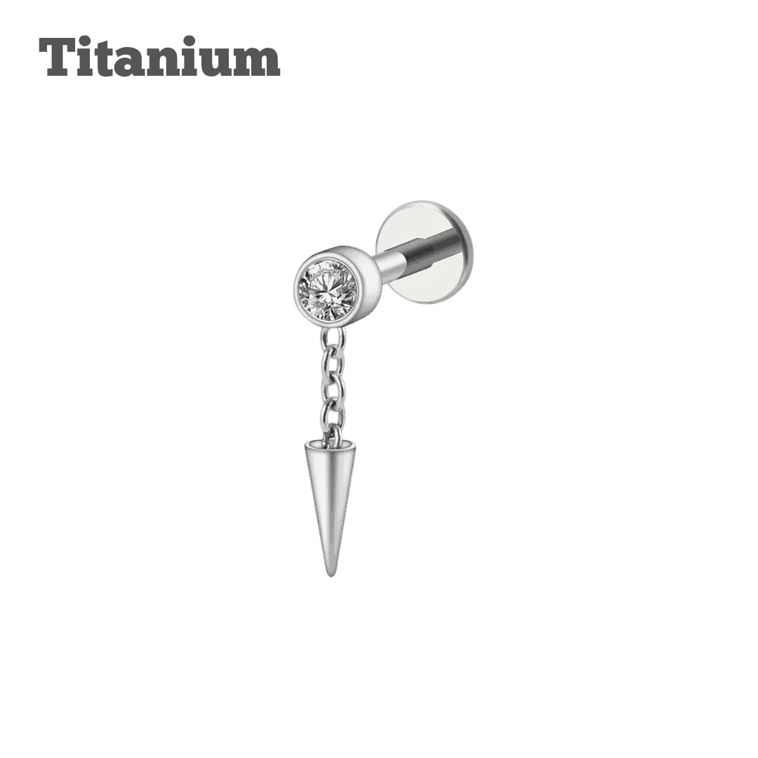 steel color dangling gem spike titanium threaded labret earring