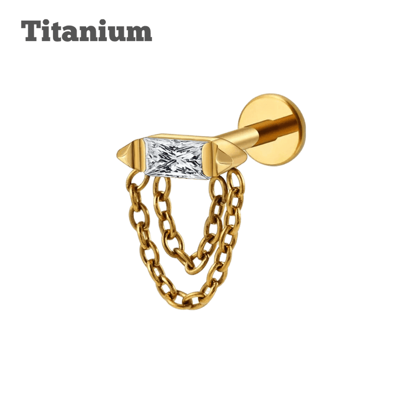 Titanium Double Chained Emerald Cut Gem Labret gold internally threaded