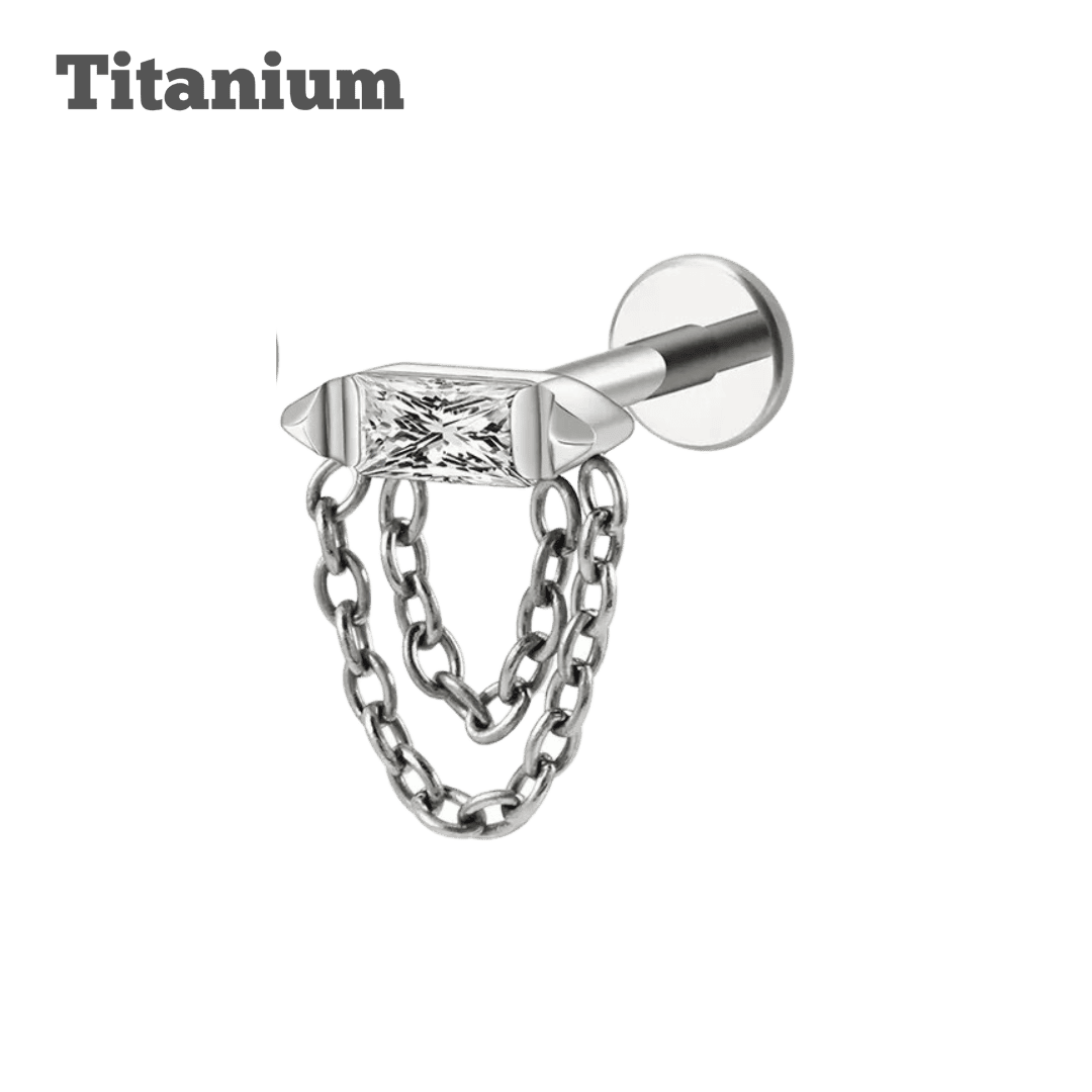 steel color titanium earring double chained emerald cut labret