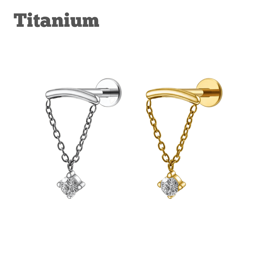 titanium floating chained solitaire gem labret ear piercing jewelry