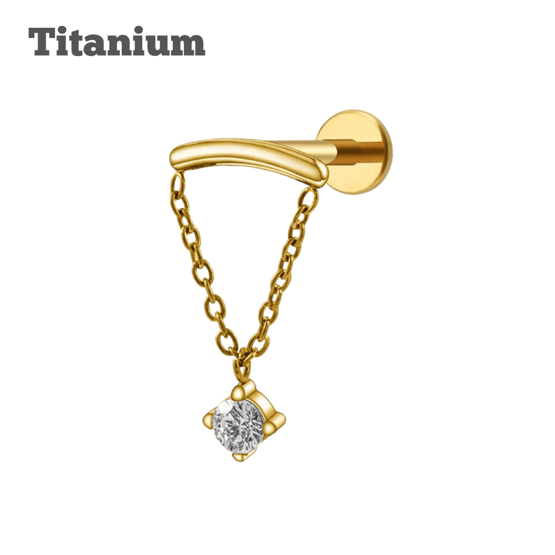 gold color floating chained solitaire gem labret earring