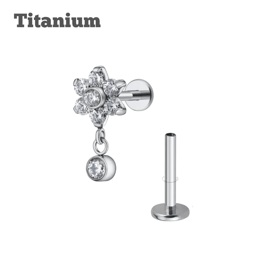 steel color titanium flower with dangling gem labret earring