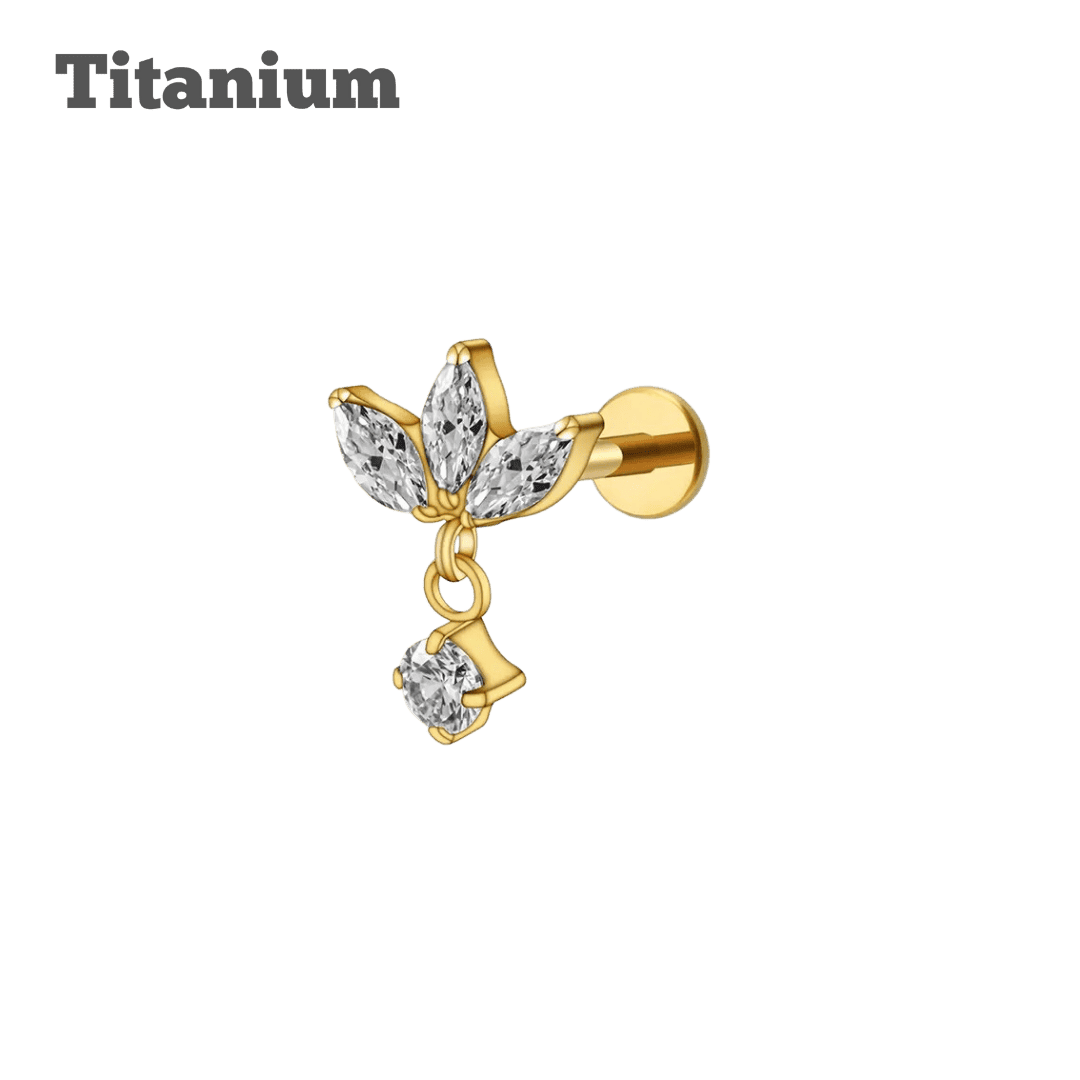 gold color titanium lotus with dangling gem threaded labret