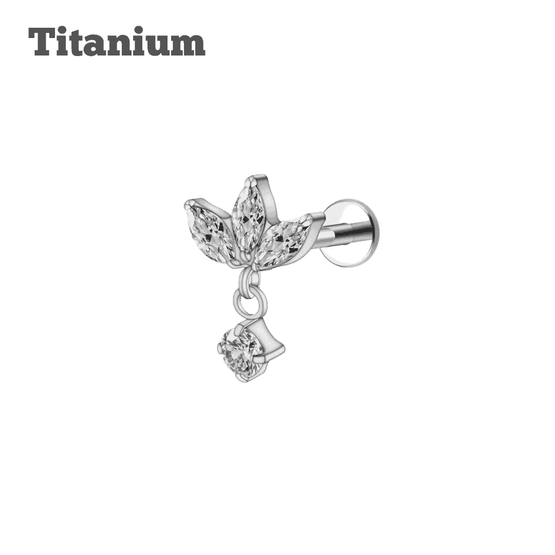 titanium lotus with dangling gem threaded labret steel color