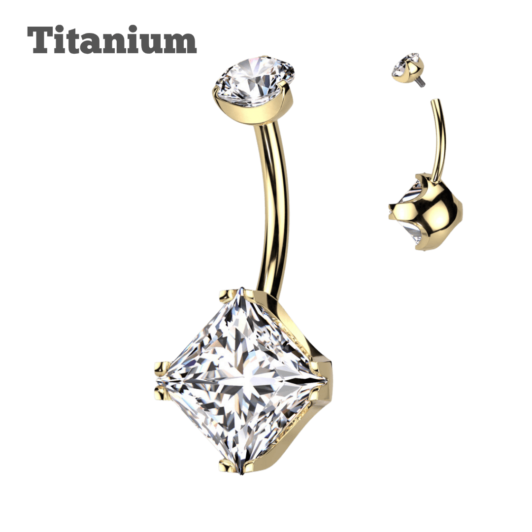 gold color titanium pronged square gem belly barbell