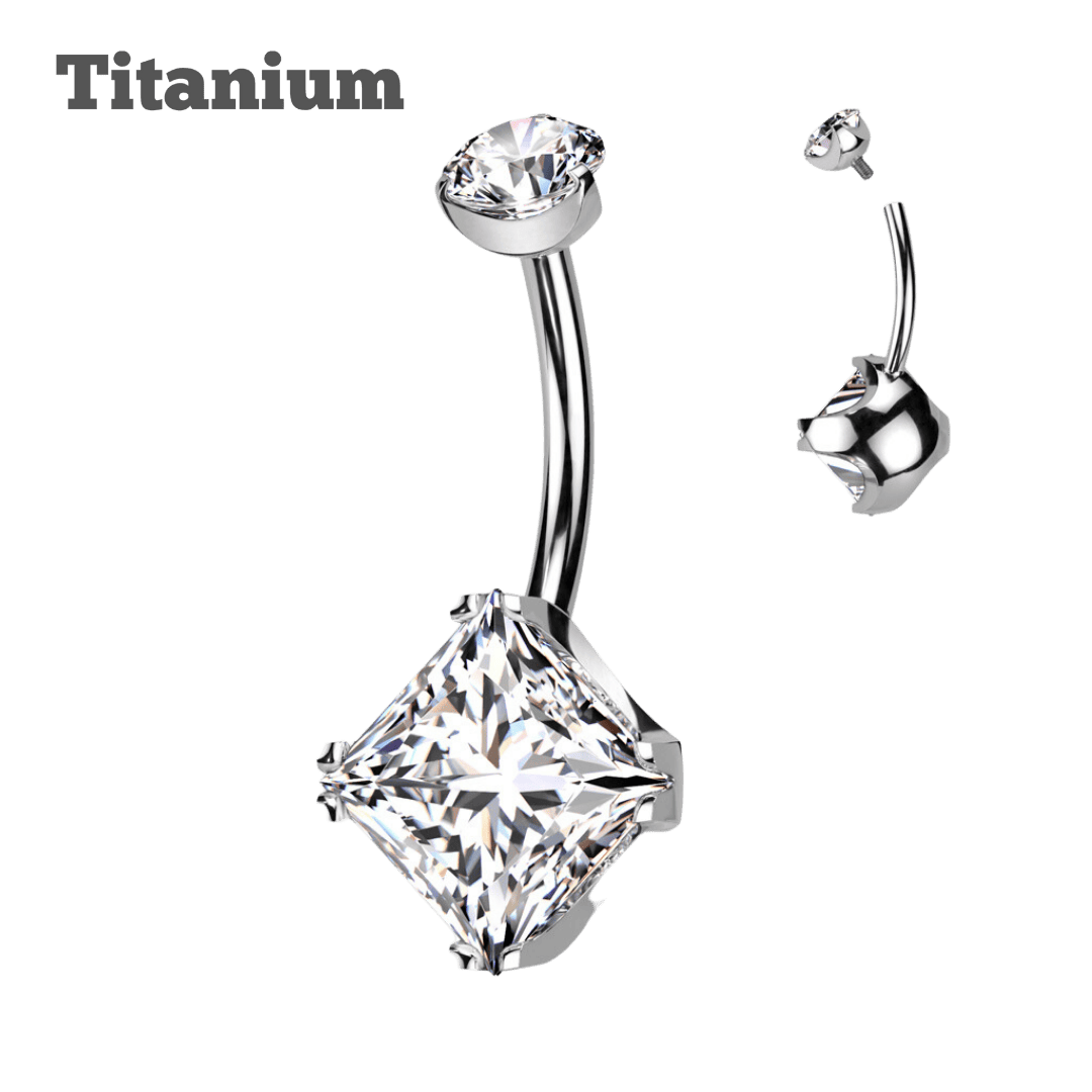 steel color titanium pronged square gem belly barbell