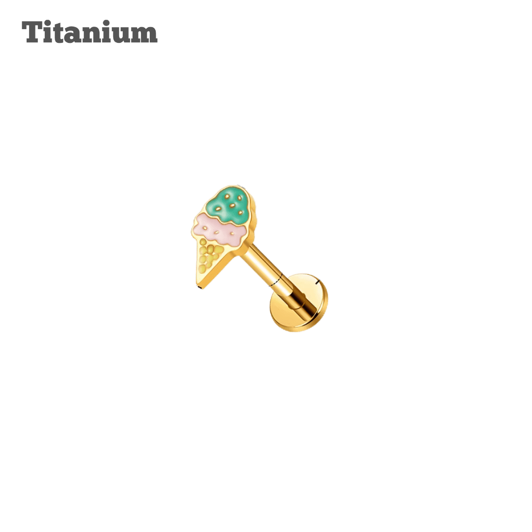 Gold ice cream cone-shaped stud earring on a black background with 'Titanium' text.