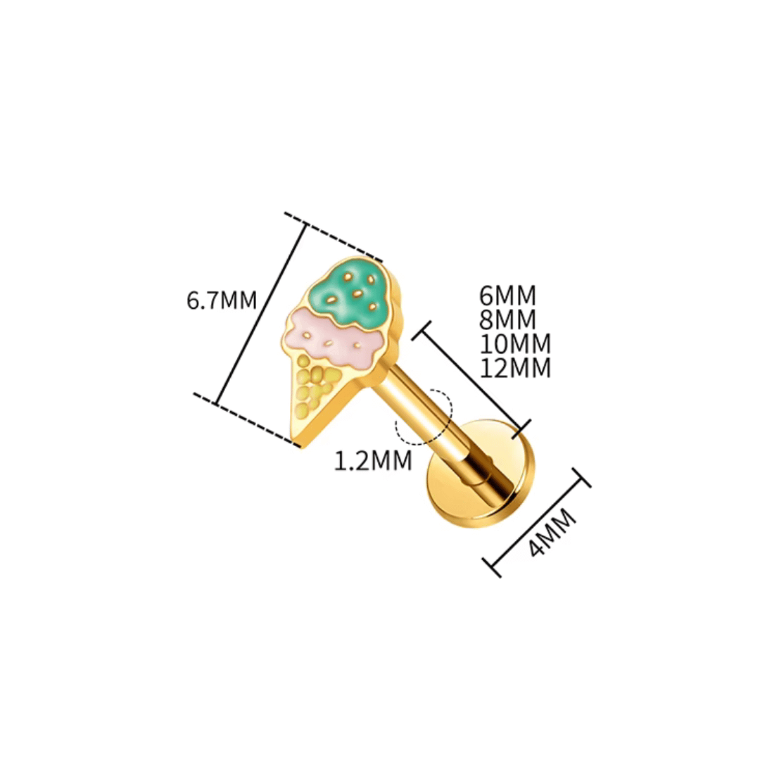 Gold ice cream-shaped barbell with measurements on a white background