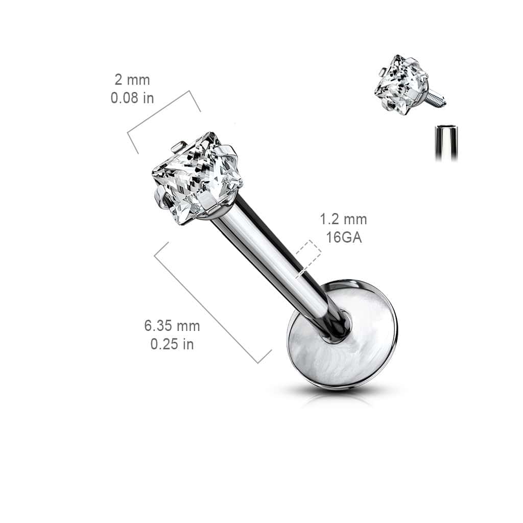 titanium square gem threaded labret jewelry size